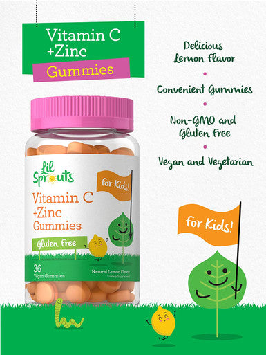Vitamin C and Zinc Gummies for Kids | 36 Count | Vegan, Non-GMO, Gluten Free Supplement | by Lil' Sprouts