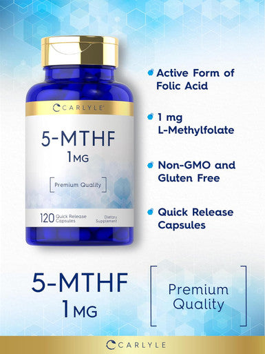 Carlyle 5-MTHF L Methylfolate 1mg | 120 Capsules | Non-GMO Gluten | Premium Quality
