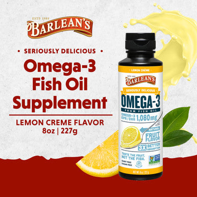 Barlean's Seriously Delicious Omega 3 Sorbet Lemon Creme From Fish Oil With 1080Mg Of Epa Dha All Natural Fruit Flavor Non Gmo Gluten Free 8 Ounce Bottle Fg 10043