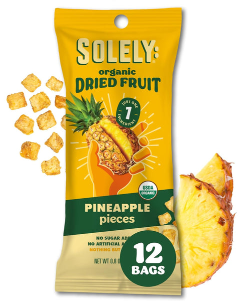 SOLELY - Organic Dried Fruit Mango Pieces (1 Box, 12 Single Serving Bags per Box) - Real Fresh Fruit - Healthy Snacks for Adults & Kids - Non GMO, Vegan Snacks, Shelf Stable - 12 Bags (1 oz)