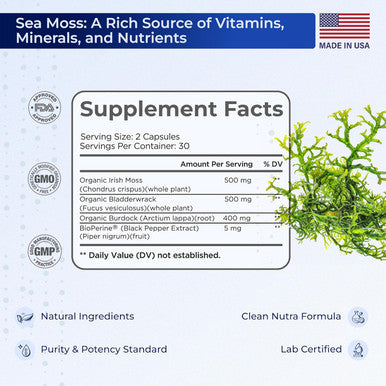 Irish Sea Moss Capsules With Bladderwrack, Burdock Root & Bioperine Immune Support, Energy Boost & Gut Health 60 Vegan Capsules