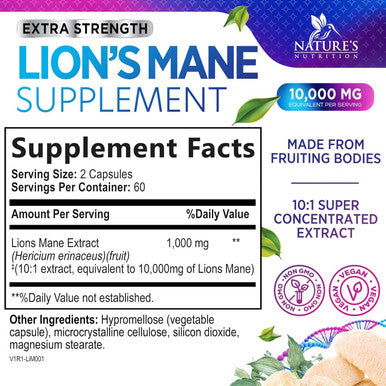 Nature'S Nutrition Nature's Mushroom Lion's Mane - Nootropic Brain Health Support Supplement - Lionsmane Mushrooms for Focus Memory & Immune Support - Lions Mane Mushroom Extract is Non-GMO & Vegetarian - 120 Capsules