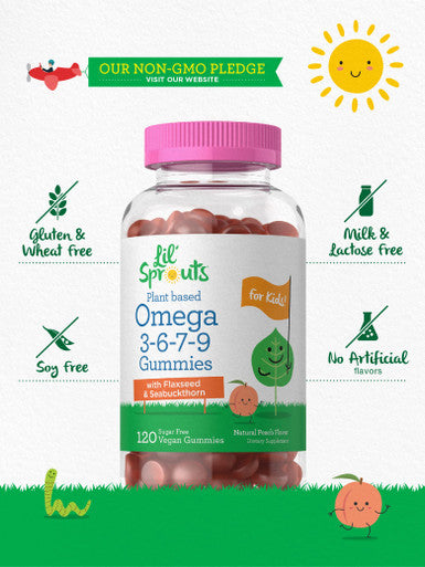 Vegan Omega 3 6 7 9 Gummies For Kids | 120 Count | Natural Peach Flavor | Non-Gmo, Gluten Free, And Sugar Free | By Lil' Sprouts