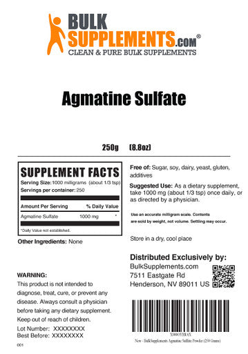 BulkSupplements Agmatine Sulfate Powder - Supplement for Nitric Oxide Production - Unflavored, - 1000mg , 250 Servings (250 Grams - 8.8 oz)