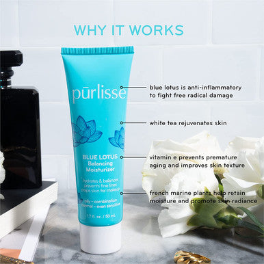 purlisse Blue Lotus Balancing Moisturizer Cruelty clean Paraben Sulfate Antiageing White Tea calms skin Vitamin E Hydrates 1.7oz