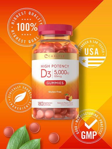 Carlyle Vitamin D Gummies | 5000iu | 180 Count | Vegetarian, Non-GMO, and Gluten Free Formula | High Potency Vitamin D3 Supplement | Natural Peach Flavored Gummy