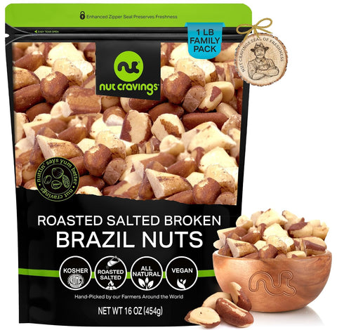 NUT CRAVINGS - Brazil Nuts Roasted & Salted - No Shell, Whole (16oz - 1 LB) Packed Fresh in Resealable Bag - Healthy Protein Food Snack, Food Assortments