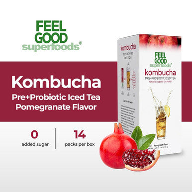 Feel Good Superfoods Feelgood Superfoods Kombucha Iced Tea Packets Delicious Pomegranate Flavored Refreshing Instant Kombucha Powder Fizzy Drink Probiotic Supplement For Gut Health 14 Pack