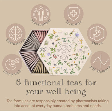 Acorus | Wellness Tea Set | Natural Assorted Tea Hamper Box Set | Herbal Tea | Large Tea Sampler Variety Pack | 60 Tea Bags | 6 Functional Teas
