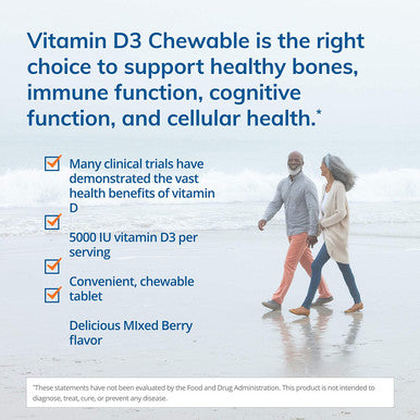 EuroMedica Vitamin D3, Mixed Berry - 90 Chewable Tablets - 5000 IU Vitamin D3 - Supports Overall Health, Strong Bones & Teeth, and Immune System Function - 90 Servings