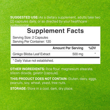 Deal Supplement Ginkgo Biloba 500mg Per Serving 240 Capsules 4 Month Supply Grown in Northern Asia Extra Strength Promotes Brain Function