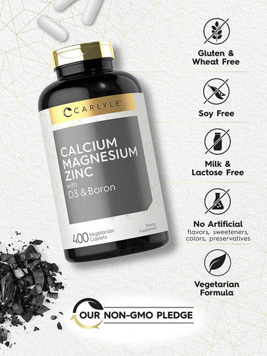 Calcium Magnesium Zinc | 400 Caplets | with Vitamin D3 and Boron | Vegetarian, Non-GMO Supplement | by Carlyle