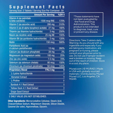 Murad Pure Skin Acne Supplements Clear Skin Support With Blend Of Vitamin A & B6 Zinc Amino Acids & Burdock Root Promotes Healthy Skin Oil Balance Gut Health & Stress Relief 60 Tablets