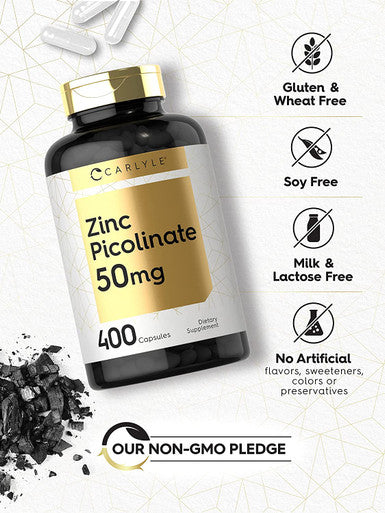 Zinc Picolinate 50mg | 400 Capsules | Value Size | Non-GMO and Gluten Free Supplement | by Carlyle