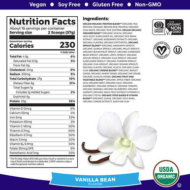 Orgain Organic Plant Based Meal Replacement Powder Vanilla Bean Organic Plant Based Protein Superfoods Powder Vanilla Bean Vegan Non Dairy Lactose No Sugar Added Gluten