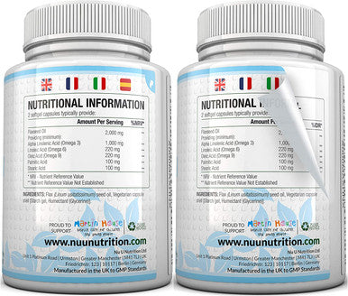 Flaxseed Oil 1000mg Vegan - 180 Cold Pressed Vegan Softgel Capsules - Rich in Omega 3 6 9-3 Month Supply - Made in The UK by Nu U Nutrition