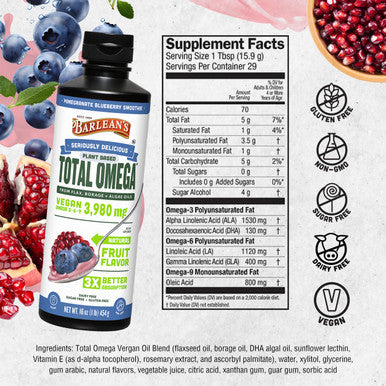 Barlean's Liquid Flaxseed Borage and Algae Oils Omega 3 Supplement Pomegranate Blueberry Flavor Vegan Epa and Dha From Algal Oil Flax Oil And Borage Seed Oil With 3 980 Mg Of Omega-3-6-9 16 Oz