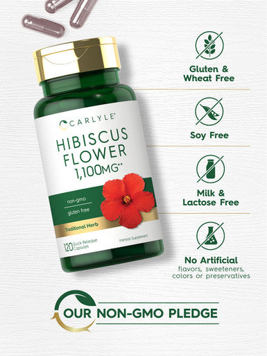 Hibiscus Flower Extract 1100 Mg | 120 Capsules | Non-Gmo, Gluten Free Supplement | By Carlyle