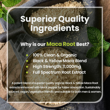 Black Maca Root Capsules For Women & Men, 180 (2 A Day) Maca Root Extract Equal To 11,000Mg Pure Organic Maca Root Powder, Yellow & Black Maca Complex + Black Pepper For Better Absorption - Vitabright
