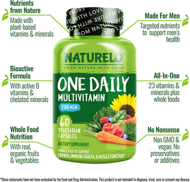 NATURELO One Daily Multivitamin for Men - with Vitamins & Minerals + Organic Whole Foods - Supplement to Boost Energy, General Health - Non-GMO - 60 Capsules | 2 Month Supply
