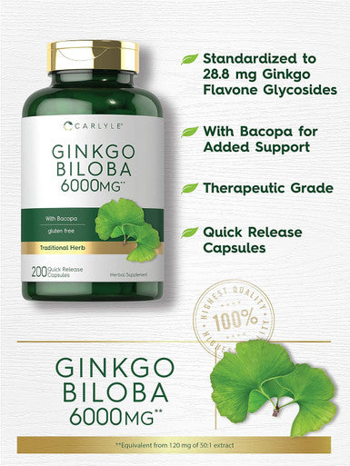 Carlyle Ginkgo Biloba Pills | 6000mg | 200 Capsules | Maximum Strength | Non-GMO Gluten Supplement