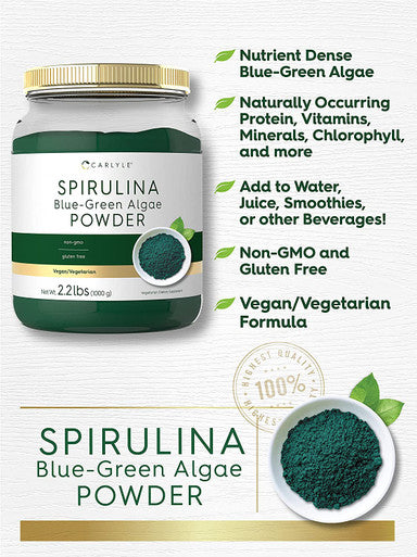 Spirulina Powder for Smoothies 2.2 lbs | Blue Green Algae | 8g Spirulina per Serving | Vegan, Non-GMO, Gluten Free Supplement | by Carlyle