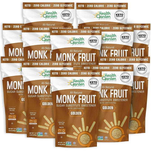 Health Garden Monk Fruit Sweetener, Golden - 16 Oz. x 12, Non-GMO, Gluten Free, Ideal Powdered 1:1 Sugar Substitute in Resealable Bag, Kosher, Keto Friendly Sugar Alternative (1 Lb. Pack of 12)
