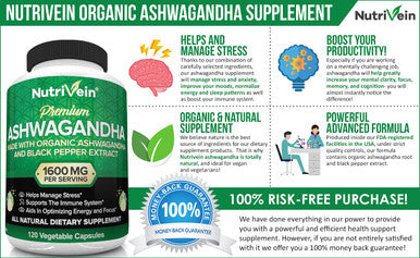 Nutrivein Organic Ashwagan Capsules 1600mg with Black Extract - 120 Vegan Pills - 100% Pure Root Powder Supplement - Supports Relief, Immune, Energy, Stamina & Mood