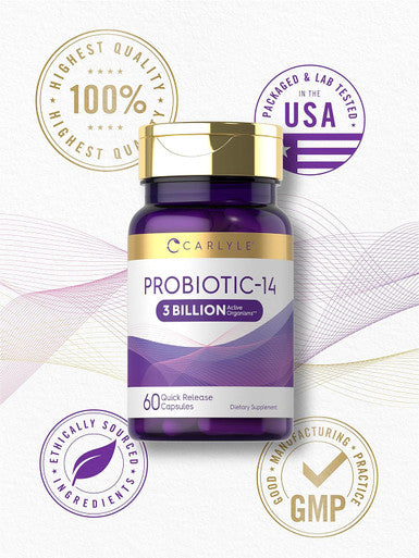 Carlyle Probiotic for Women & Men | 3 Billion CFU 60 Capsules | 14 Strains for Digestive Health | Non-GMO & Gluten Supplement