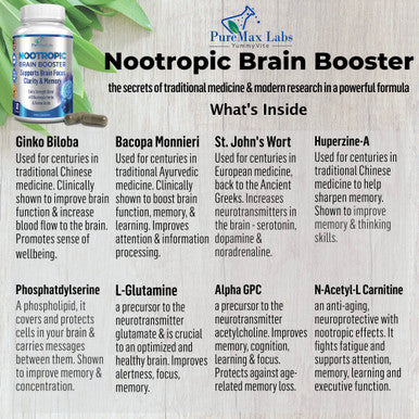 YUMMYVITE Nootropic Brain Booster - Memory & Brain Support Supplement With Ginkgo Biloba, Bacopa Monnieri - 30 Capsules