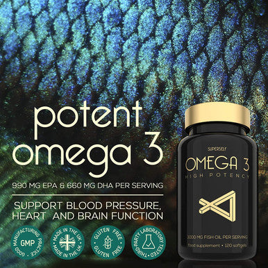 SuperSelf Fish Oil Omega 3 Capsules High Strength 3000mg 120 Softgel Capsules - Easy to Swallow & Burpless - Triple Potency DHA 660mg & EPA 990mg - UK Made Omega 3 Supplement - 1000mg Fish Oil per Tablet