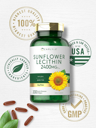 Carlyle Sunflower Lecithin Softgel Capsules | 2400mg | 200 Count | Rich in Phosphatidyl Choline | Non-GMO Soy Gluten Supplement