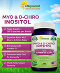 Asquared Nutrition Myo-Inositol & D-Chiro Inositol Supplement - 180 Capsules - Plus Vitamin D3 And Zinc - Myo & D-Chiro Inositol 40 To 1 Ratio - Vit B8 Complex Pills