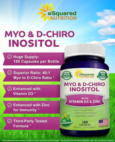 Asquared Nutrition Myo-Inositol & D-Chiro Inositol Supplement - 180 Capsules - Plus Vitamin D3 And Zinc - Myo & D-Chiro Inositol 40 To 1 Ratio - Vit B8 Complex Pills