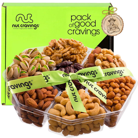 NUT CRAVINGS - Purim Mishloach Manot Mixed Nuts Gift Basket + Green Ribbon (7 Assortments, 1 LB) Ramadan Gifts Treats for Adults, Food Arrangement, Healthy Snack Care Package, Kosher