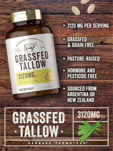 Carlyle Grass Fed Beef Tallow 3120mg | 200 Softgel Capsules | Pasture Raised Bovine Supplement | Non-GMO Gluten | by Herbage Farmstead
