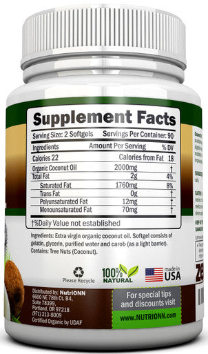 ORGANIC COCONUT OIL Capsules - 180 Softgels - 4000 MG Daily - Cold-Pressed Extra Virgin Coconut Oil - Certified USDA Organic - Great For Hair, Skin And Acne