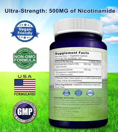 Asquared Nutrition Nicotinamide With Resveratrol - 120 Veggie Capsules - Vitamin B3 500Mg (Niacinamide Flush Free) - Supplement Pills To Support Nad, Skin Cell Health & Energy