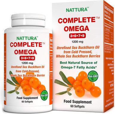 Nattura Complete Omega 3-6-7-9 Pure Sea Buckthorn Oil European Quality from Unrefined Cold Pressed Whole Sea Buckthorn Wild Berries - Non-GMO Certified Kosher Gluten- Capsules