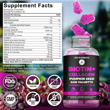 Hair Skin And Nails 10000Mcg Biotin Gummies & Collagen Gummies - Biotin Vitamins Gummies For Hair Growth Pumpkin Seed Oil, Saw Palmetto Extract & Vitamins A B6 C D E - Biotin And Collagen Supplements