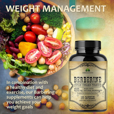 Herbalicious Berberine Capsules Ceylon Cinnamon & Turmeric - Berberine HCL Dietary Supplement for Men and Women Non GMO Berberine 1000mg Ideal for Immune Support Heart Cholesterol Level