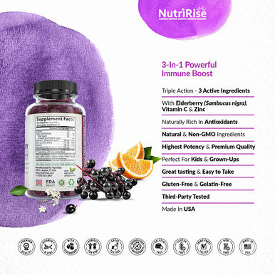 Sambucus Elderberry Gummies with Zinc & Vitamin C. Great-Tasting Women & Men's Daily Herbal Supplement for Immune Support & Skin Health. Natural Elderberries. Vegan & Gluten-Free