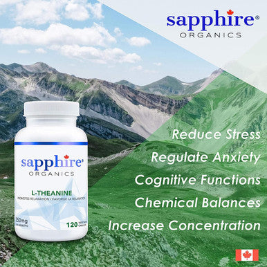 Sapphire Organics - L-Theanine, Purest Formula ZERO Fillers, Premium Grade, 120 Capsules, Made in Canada