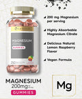 Magnesium Gummies | 200mg | 250 Count | Vegan, Non-GMO, and Gluten Free Formula | Natural Lemon Raspberry Flavor | by Carlyle