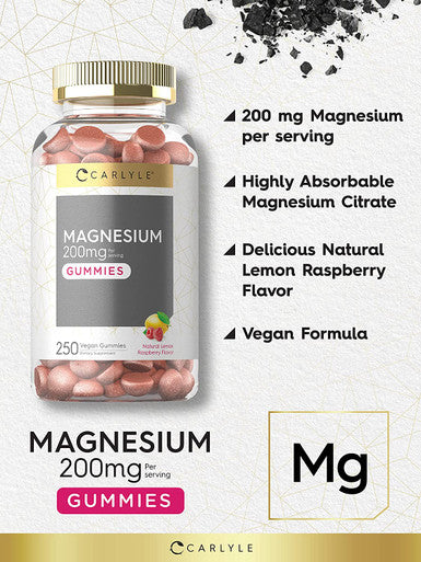 Magnesium Gummies | 200mg | 250 Count | Vegan, Non-GMO, and Gluten Free Formula | Natural Lemon Raspberry Flavor | by Carlyle