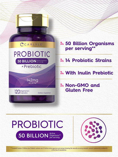 Carlyle Probiotics With Prebiotics | 120 Capsules | 50 Billion Active Organisms | Non-Gmo & Gluten Free Supplement