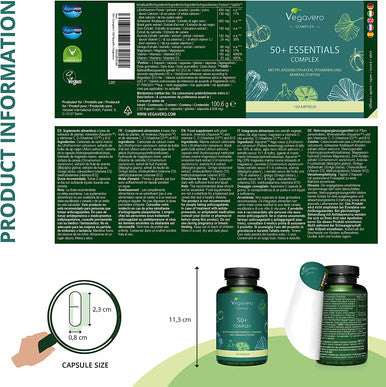 50 Plus Complex Vegavero | NO Additives | 120 Capsules | Natural Combination | with Black Garlic, Cinnamon & Ginkgo Biloba Extracts | Vegan | Added Vitamin B12, Vitamin D, Calcium & Magnesium