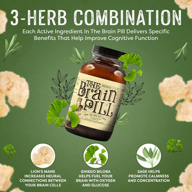 Medicine Man Plant Co The Brain Pill 90 Capsules Organic Brain Booster Supplement - Memory Pills For Brain W/ Ginkgo Biloba Capsules, Lion S Mane & Sage - Brain Booster Supplement For Focus, Memory, Clarity, Energy