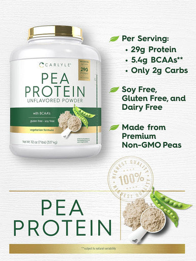 Carlyle Pea Protein Powder with BCAA'S 7lb | Unflavored | 29G Protein | Non-GMO Gluten and Soy- | Vegetarian Formula