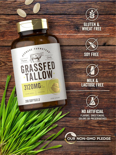 Carlyle Grass Fed Beef Tallow 3120mg | 200 Softgel Capsules | Pasture Raised Bovine Supplement | Non-GMO Gluten | by Herbage Farmstead
